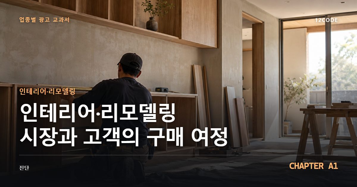 인테리어·리모델링 업종별 광고 교과서 A1장, 시장과 고객의 구매 여정을 안내하는 표지 이미지