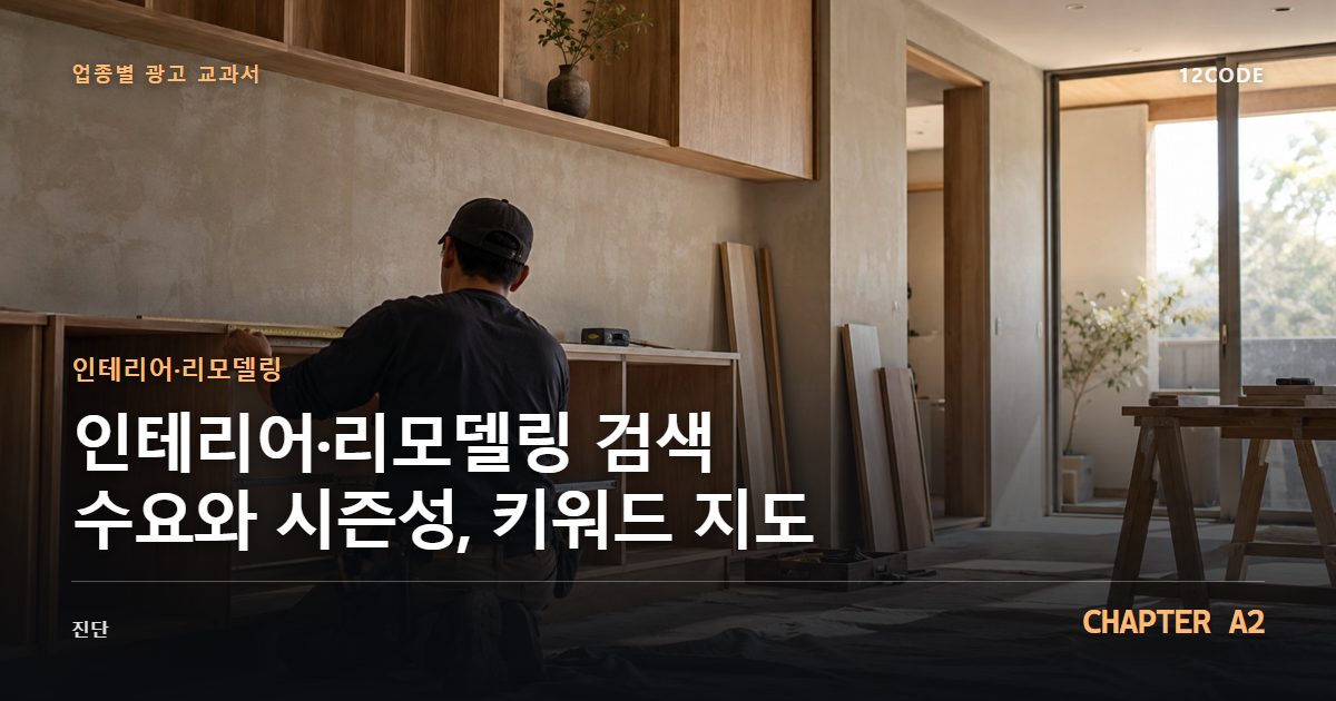인테리어·리모델링 업종별 광고 교과서 A2장, 검색 수요와 시즌성, 키워드 지도을 안내하는 표지 이미지