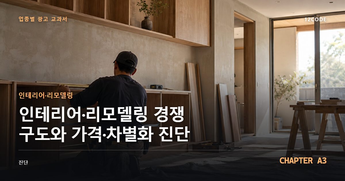 인테리어·리모델링 업종별 광고 교과서 A3장, 경쟁 구도와 가격·차별화 진단을 안내하는 표지 이미지