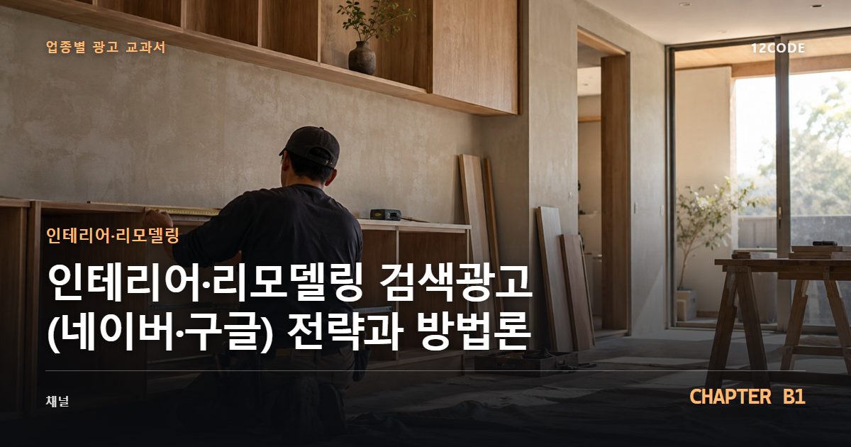 인테리어·리모델링 업종별 광고 교과서 B1장, 검색광고(네이버·구글) 전략과 방법론을 안내하는 표지 이미지