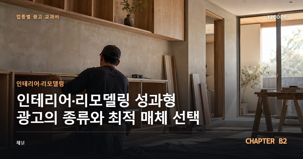 인테리어·리모델링 업종별 광고 교과서 B2장, 성과형 광고의 종류와 최적 매체 선택을 안내하는 표지 이미지