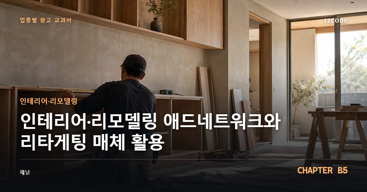 인테리어·리모델링 업종별 광고 교과서 B5장, 애드네트워크와 리타게팅 매체 활용을 안내하는 표지 이미지