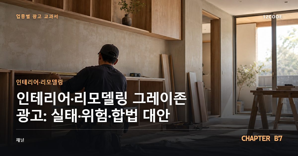 인테리어·리모델링 업종별 광고 교과서 B7장, 그레이존 광고: 실태·위험·합법 대안을 안내하는 표지 이미지