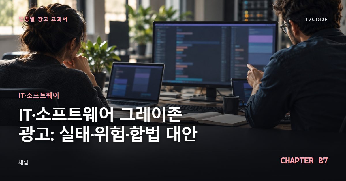 IT·소프트웨어 업종별 광고 교과서 B7장, 그레이존 광고: 실태·위험·합법 대안을 안내하는 표지 이미지