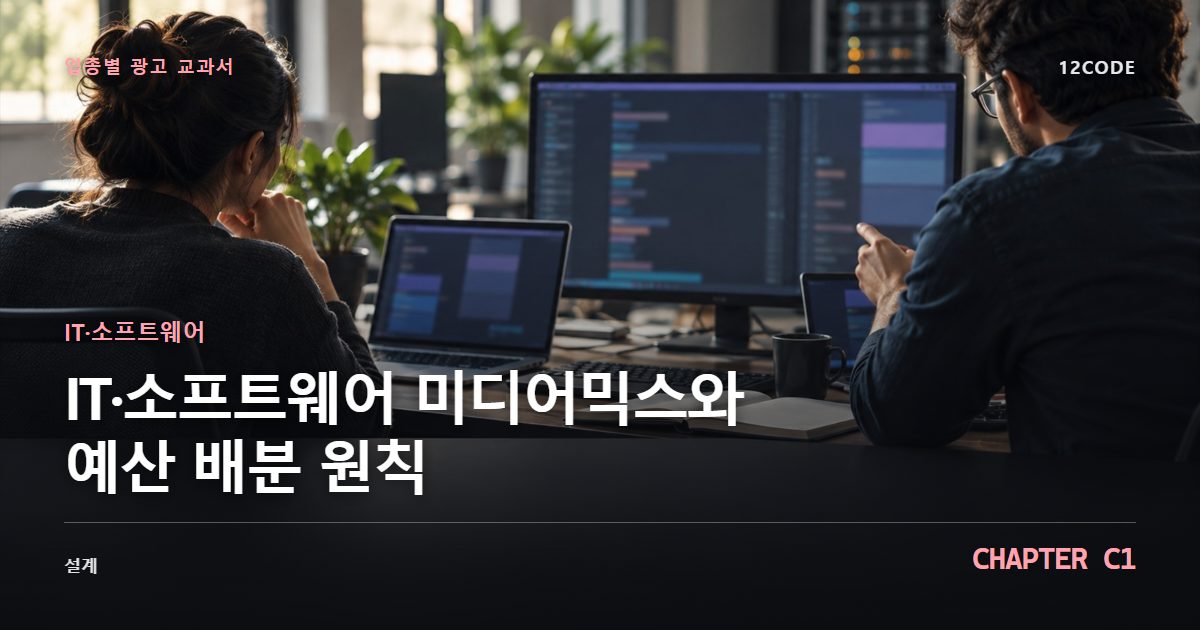 IT·소프트웨어 업종별 광고 교과서 C1장, 미디어믹스와 예산 배분 원칙을 안내하는 표지 이미지