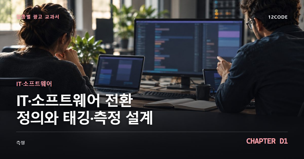 IT·소프트웨어 업종별 광고 교과서 D1장, 전환 정의와 태깅·측정 설계을 안내하는 표지 이미지