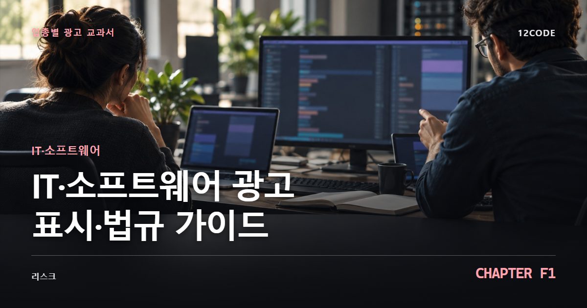 IT·소프트웨어 업종별 광고 교과서 F1장, 광고 표시·법규 가이드을 안내하는 표지 이미지