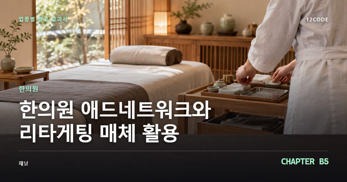 한의원 업종별 광고 교과서 B5장, 애드네트워크와 리타게팅 매체 활용을 안내하는 표지 이미지