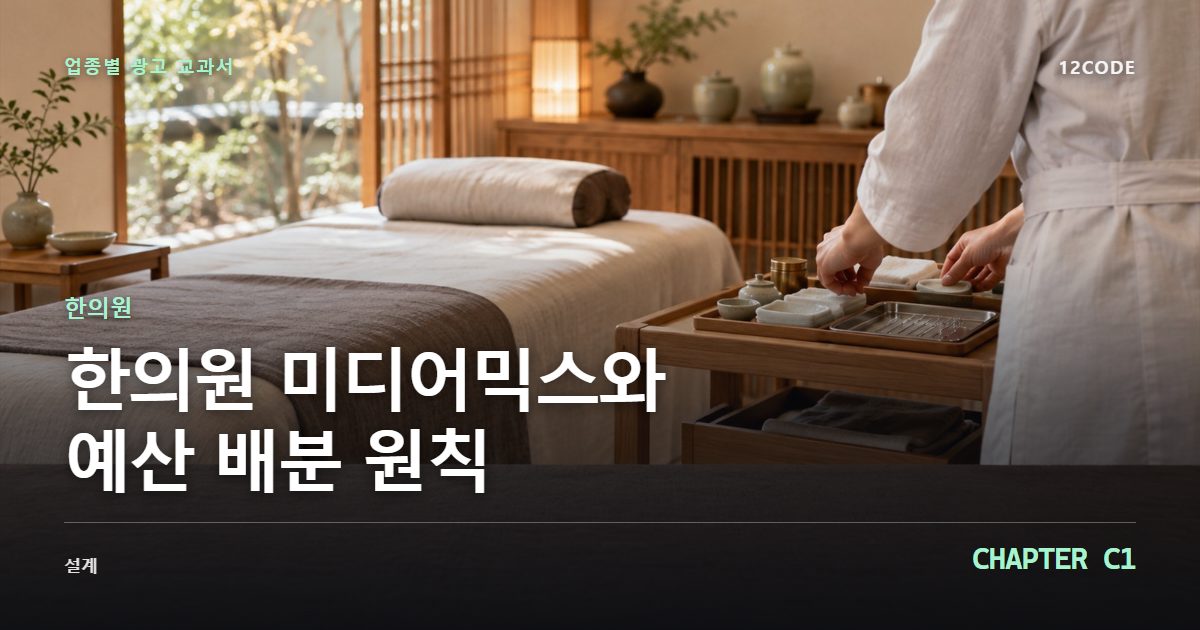 한의원 업종별 광고 교과서 C1장, 미디어믹스와 예산 배분 원칙을 안내하는 표지 이미지