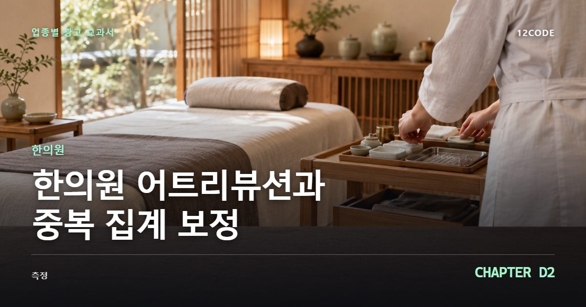 한의원 업종별 광고 교과서 D2장, 어트리뷰션과 중복 집계 보정을 안내하는 표지 이미지