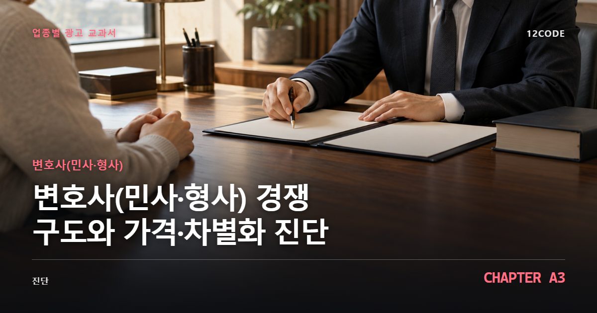 변호사(민사·형사) 업종별 광고 교과서 A3장, 경쟁 구도와 가격·차별화 진단을 안내하는 표지 이미지