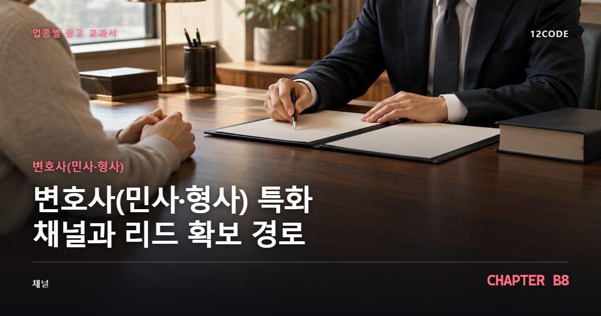 변호사(민사·형사) 업종별 광고 교과서 B8장, 특화 채널과 리드 확보 경로을 안내하는 표지 이미지