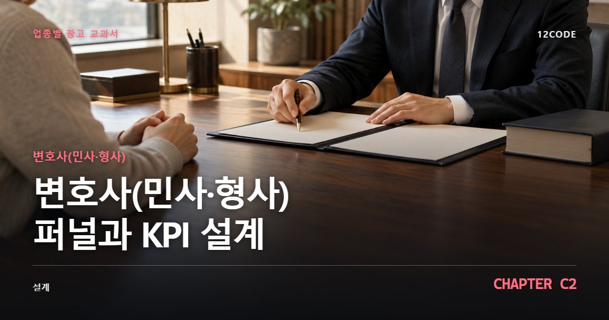 변호사(민사·형사) 업종별 광고 교과서 C2장, 퍼널과 KPI 설계을 안내하는 표지 이미지