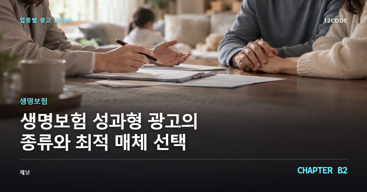 생명보험 업종별 광고 교과서 B2장, 성과형 광고의 종류와 최적 매체 선택을 안내하는 표지 이미지