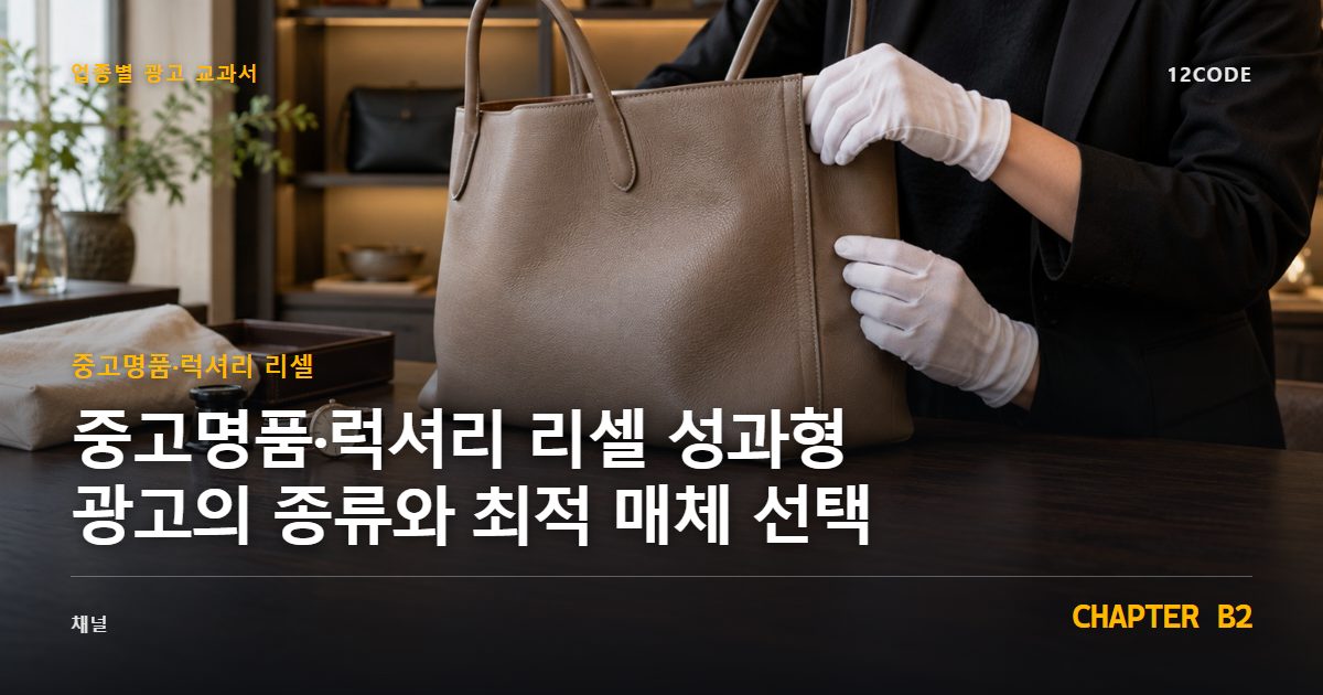 중고명품·럭셔리 리셀 업종별 광고 교과서 B2장, 성과형 광고의 종류와 최적 매체 선택을 안내하는 표지 이미지