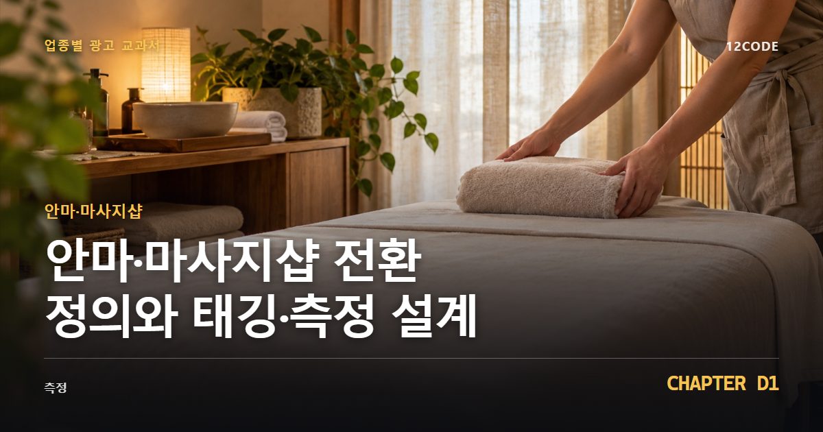 안마·마사지샵 업종별 광고 교과서 D1장, 전환 정의와 태깅·측정 설계을 안내하는 표지 이미지