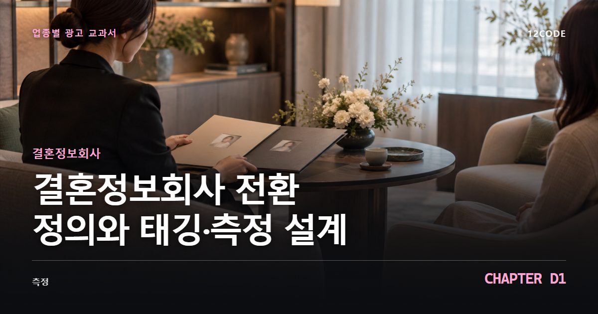 결혼정보회사 업종별 광고 교과서 D1장, 전환 정의와 태깅·측정 설계을 안내하는 표지 이미지