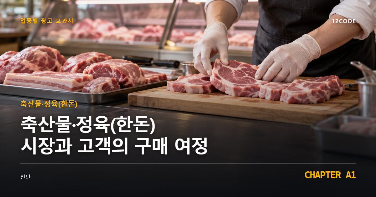 축산물·정육(한돈) 업종별 광고 교과서 A1장, 시장과 고객의 구매 여정을 안내하는 표지 이미지