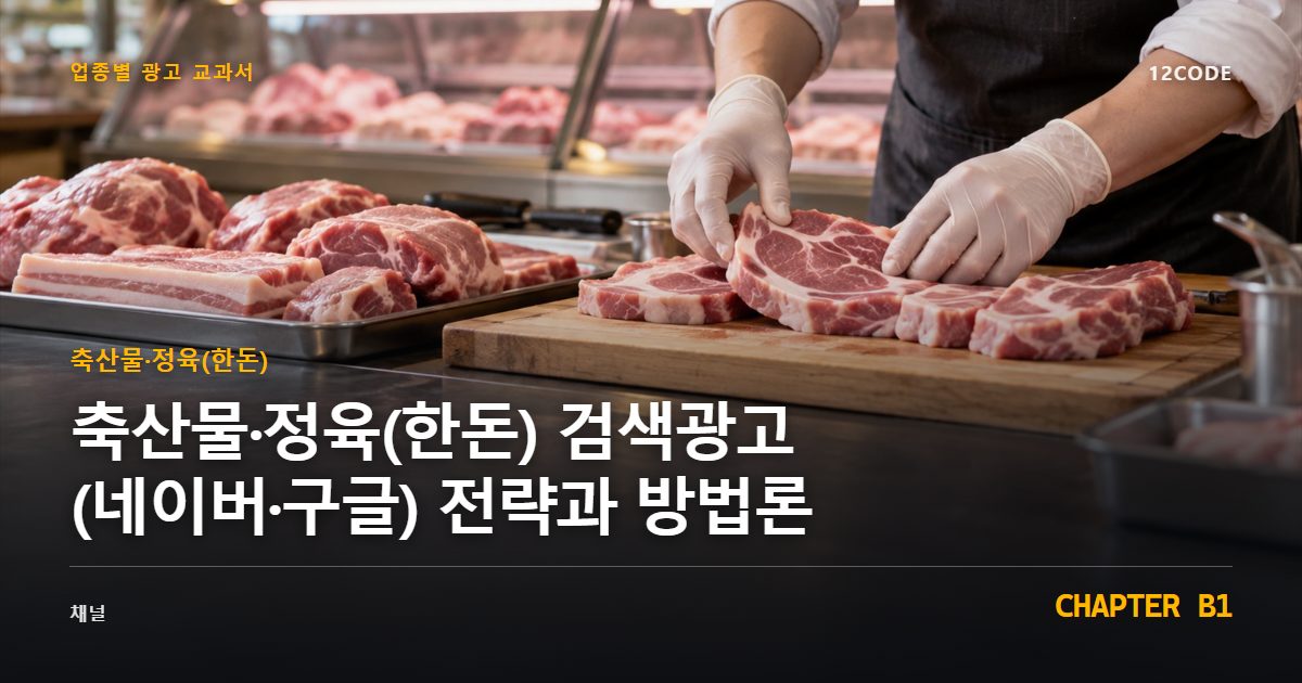 축산물·정육(한돈) 업종별 광고 교과서 B1장, 검색광고(네이버·구글) 전략과 방법론을 안내하는 표지 이미지