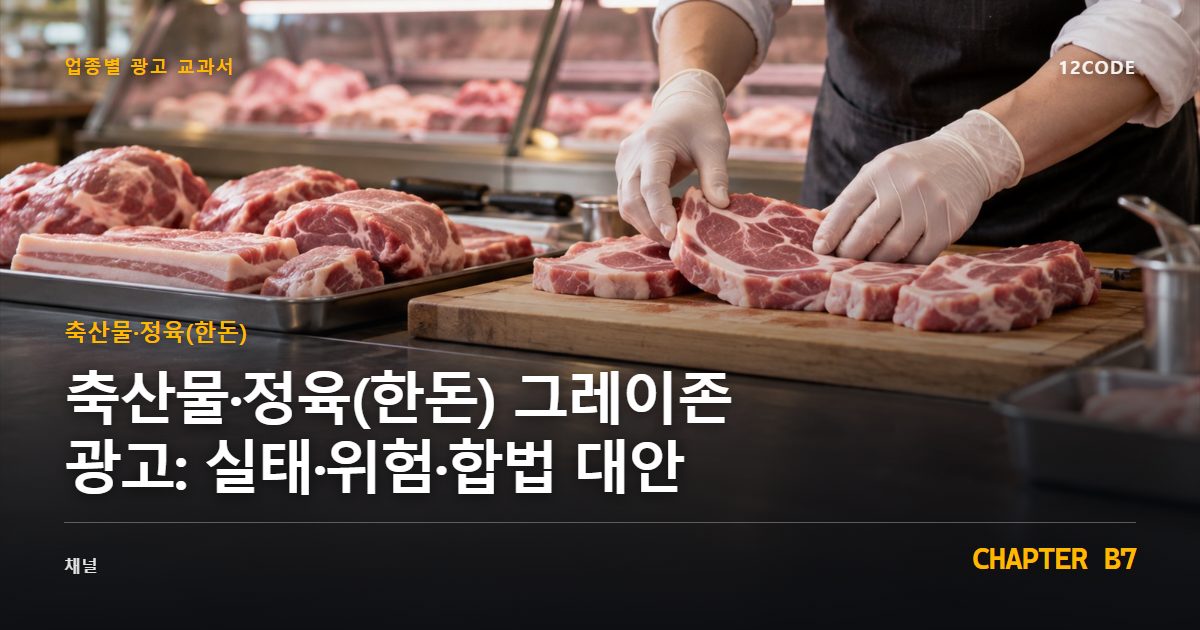 축산물·정육(한돈) 업종별 광고 교과서 B7장, 그레이존 광고: 실태·위험·합법 대안을 안내하는 표지 이미지
