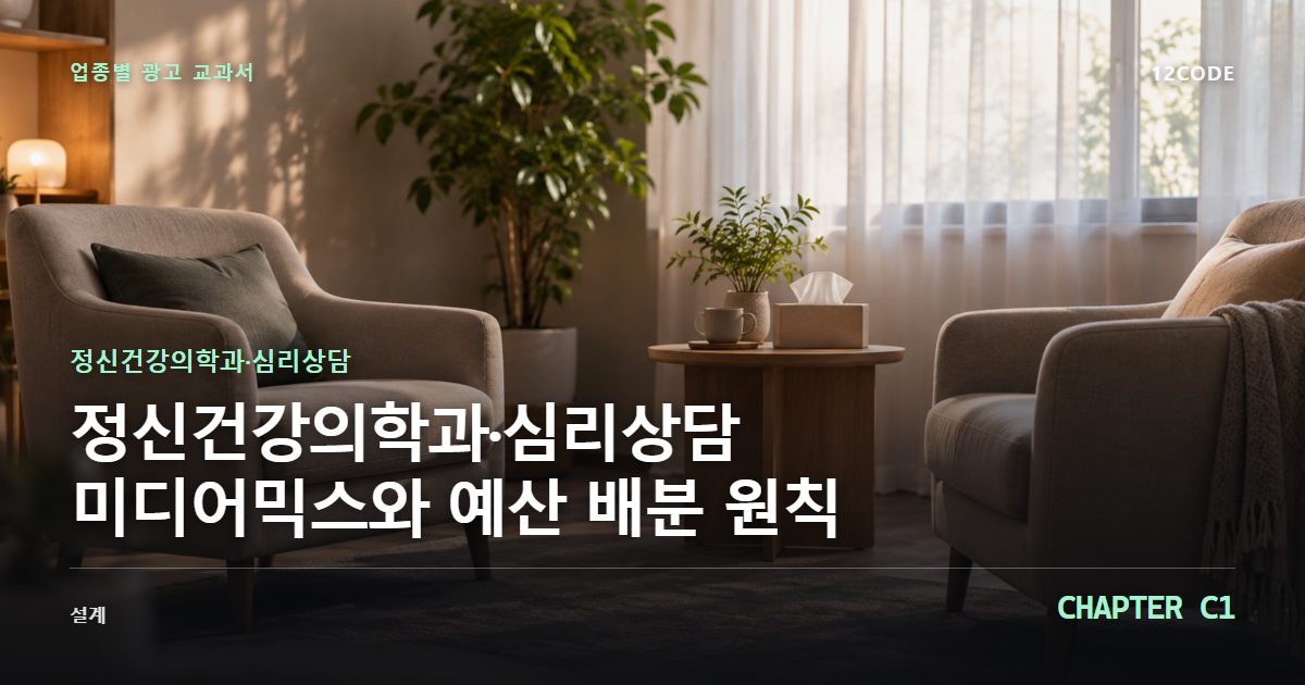 정신건강의학과·심리상담 업종별 광고 교과서 C1장, 미디어믹스와 예산 배분 원칙을 안내하는 표지 이미지