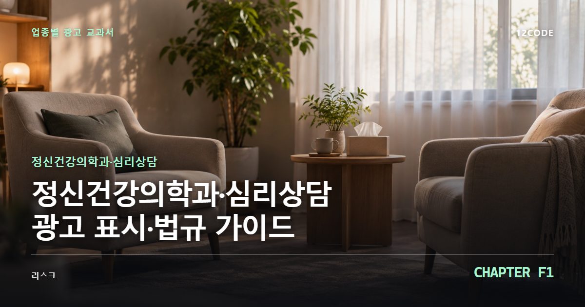 정신건강의학과·심리상담 업종별 광고 교과서 F1장, 광고 표시·법규 가이드을 안내하는 표지 이미지