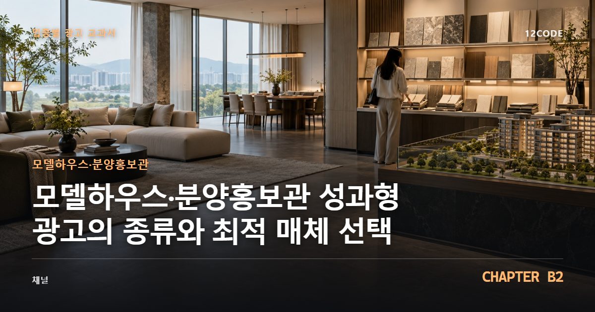 모델하우스·분양홍보관 업종별 광고 교과서 B2장, 성과형 광고의 종류와 최적 매체 선택을 안내하는 표지 이미지