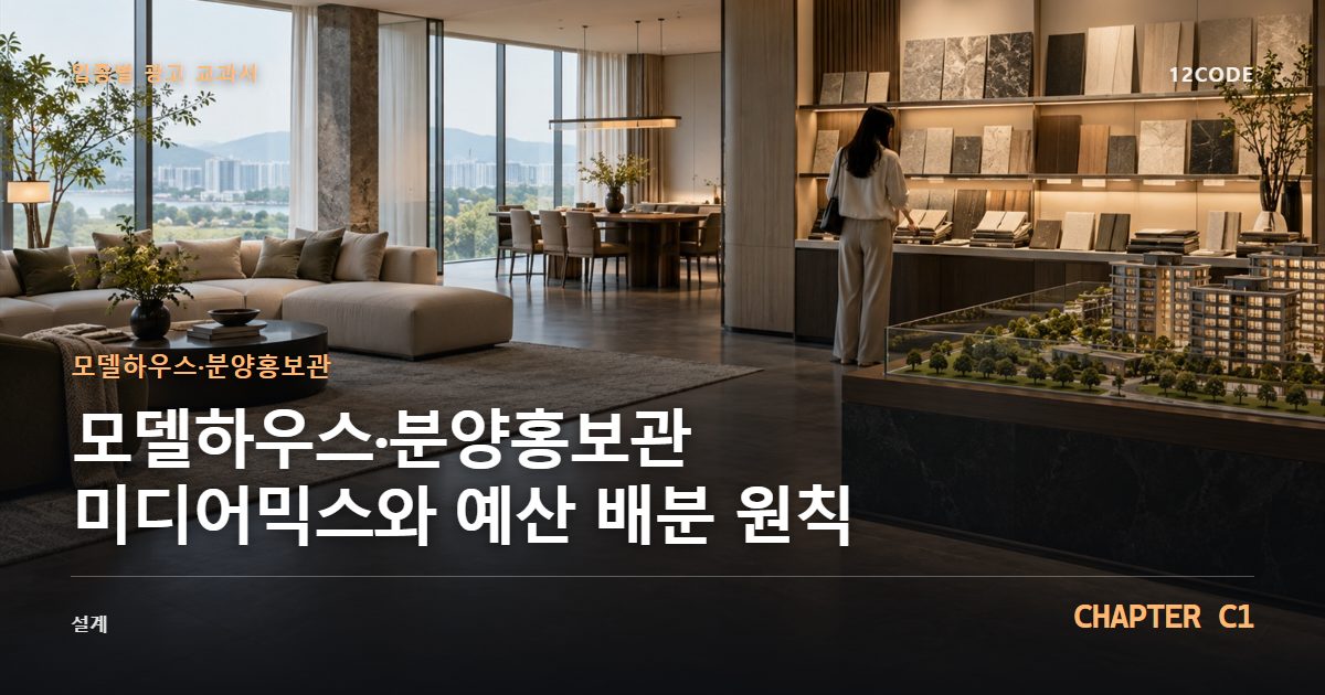 모델하우스·분양홍보관 업종별 광고 교과서 C1장, 미디어믹스와 예산 배분 원칙을 안내하는 표지 이미지