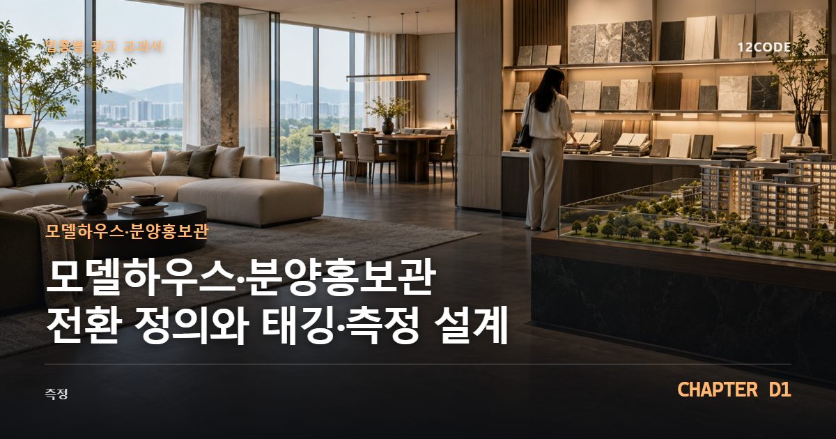 모델하우스·분양홍보관 업종별 광고 교과서 D1장, 전환 정의와 태깅·측정 설계을 안내하는 표지 이미지