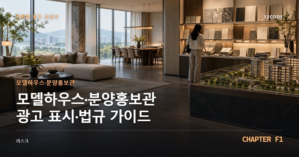 모델하우스·분양홍보관 업종별 광고 교과서 F1장, 광고 표시·법규 가이드을 안내하는 표지 이미지