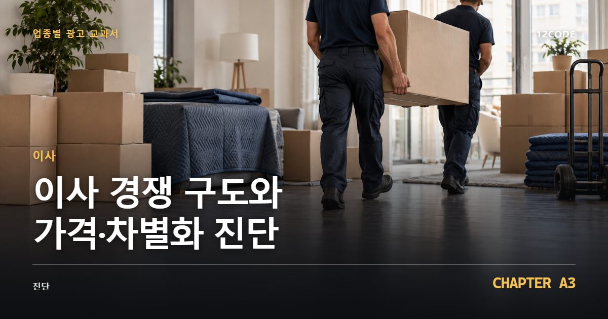 이사 업종별 광고 교과서 A3장, 경쟁 구도와 가격·차별화 진단을 안내하는 표지 이미지
