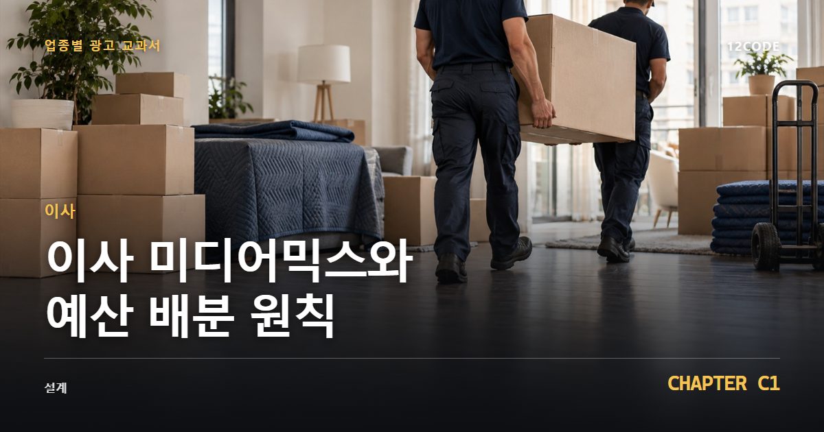 이사 업종별 광고 교과서 C1장, 미디어믹스와 예산 배분 원칙을 안내하는 표지 이미지