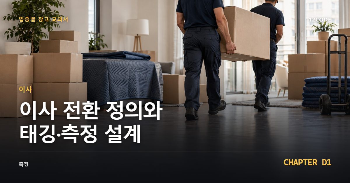 이사 업종별 광고 교과서 D1장, 전환 정의와 태깅·측정 설계을 안내하는 표지 이미지