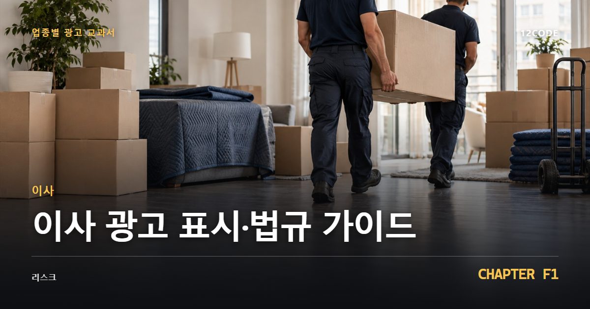 이사 업종별 광고 교과서 F1장, 광고 표시·법규 가이드을 안내하는 표지 이미지