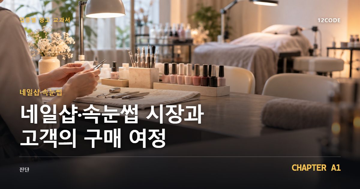 네일샵·속눈썹 업종별 광고 교과서 A1장, 시장과 고객의 구매 여정을 안내하는 표지 이미지