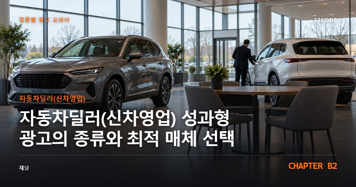자동차딜러(신차영업) 업종별 광고 교과서 B2장, 성과형 광고의 종류와 최적 매체 선택을 안내하는 표지 이미지