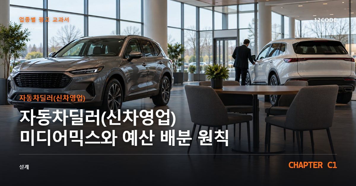자동차딜러(신차영업) 업종별 광고 교과서 C1장, 미디어믹스와 예산 배분 원칙을 안내하는 표지 이미지