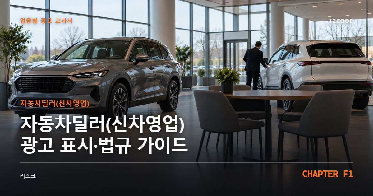 자동차딜러(신차영업) 업종별 광고 교과서 F1장, 광고 표시·법규 가이드을 안내하는 표지 이미지