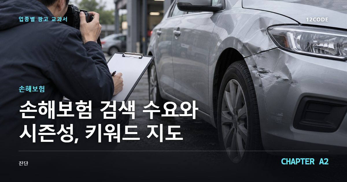 손해보험 업종별 광고 교과서 A2장, 검색 수요와 시즌성, 키워드 지도을 안내하는 표지 이미지