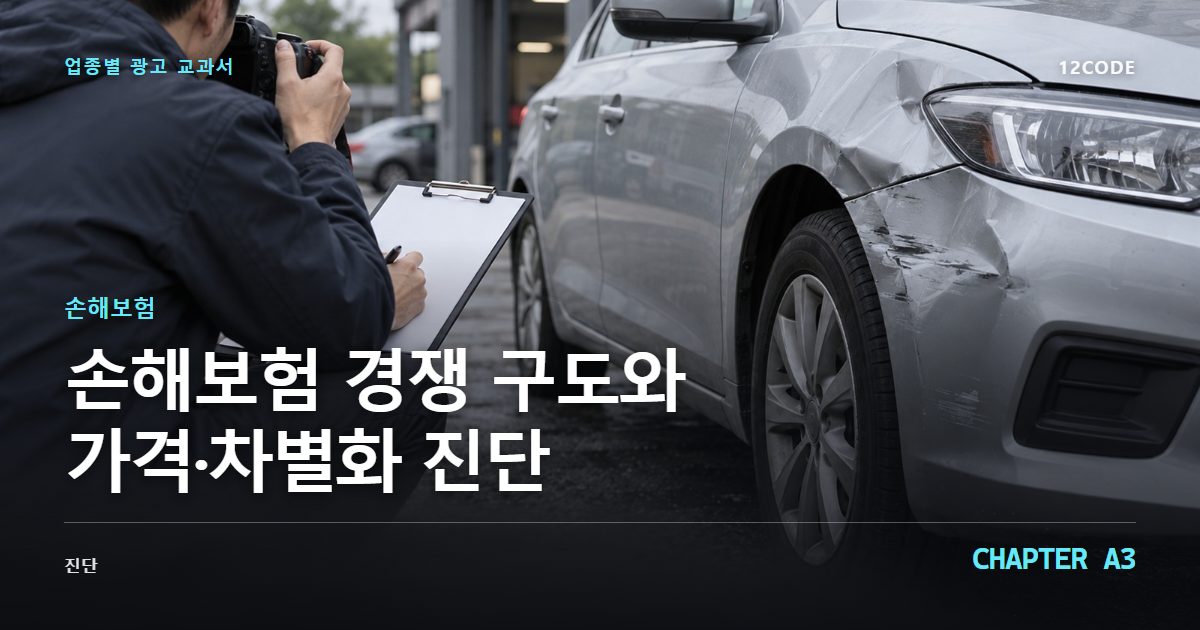 손해보험 업종별 광고 교과서 A3장, 경쟁 구도와 가격·차별화 진단을 안내하는 표지 이미지