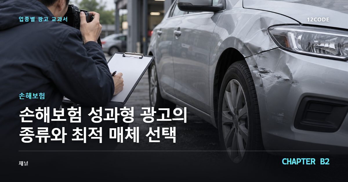 손해보험 업종별 광고 교과서 B2장, 성과형 광고의 종류와 최적 매체 선택을 안내하는 표지 이미지