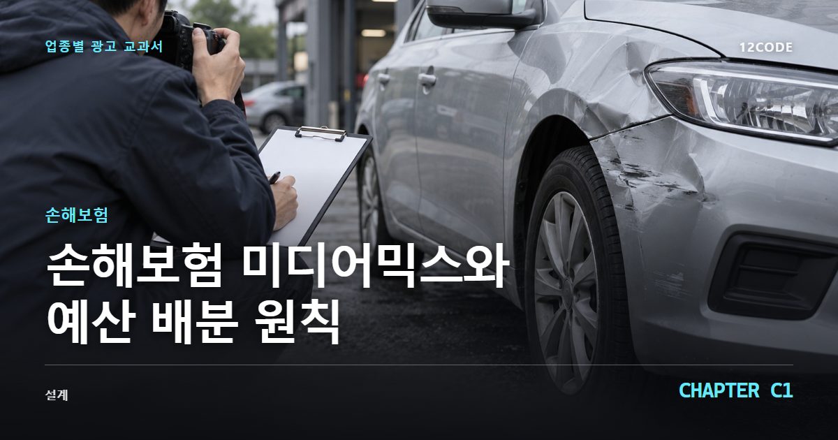 손해보험 업종별 광고 교과서 C1장, 미디어믹스와 예산 배분 원칙을 안내하는 표지 이미지