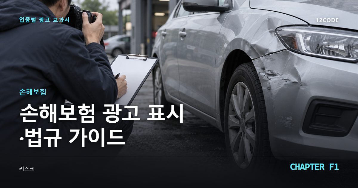 손해보험 업종별 광고 교과서 F1장, 광고 표시·법규 가이드을 안내하는 표지 이미지