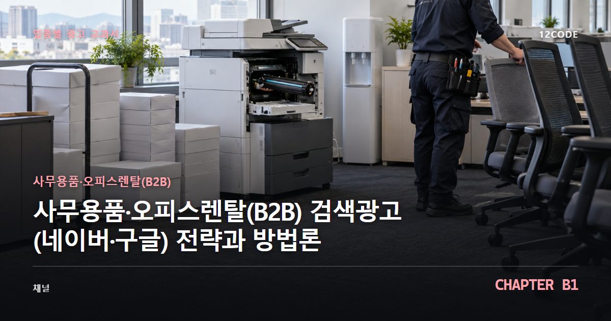 사무용품·오피스렌탈(B2B) 업종별 광고 교과서 B1장, 검색광고(네이버·구글) 전략과 방법론을 안내하는 표지 이미지