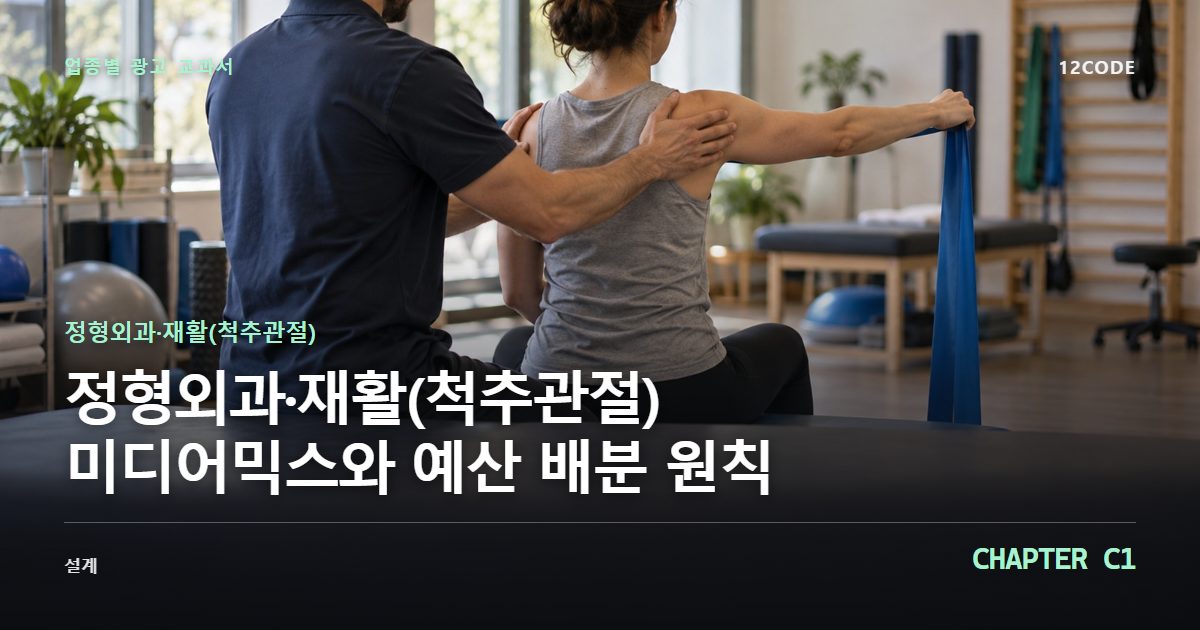정형외과·재활(척추관절) 업종별 광고 교과서 C1장, 미디어믹스와 예산 배분 원칙을 안내하는 표지 이미지