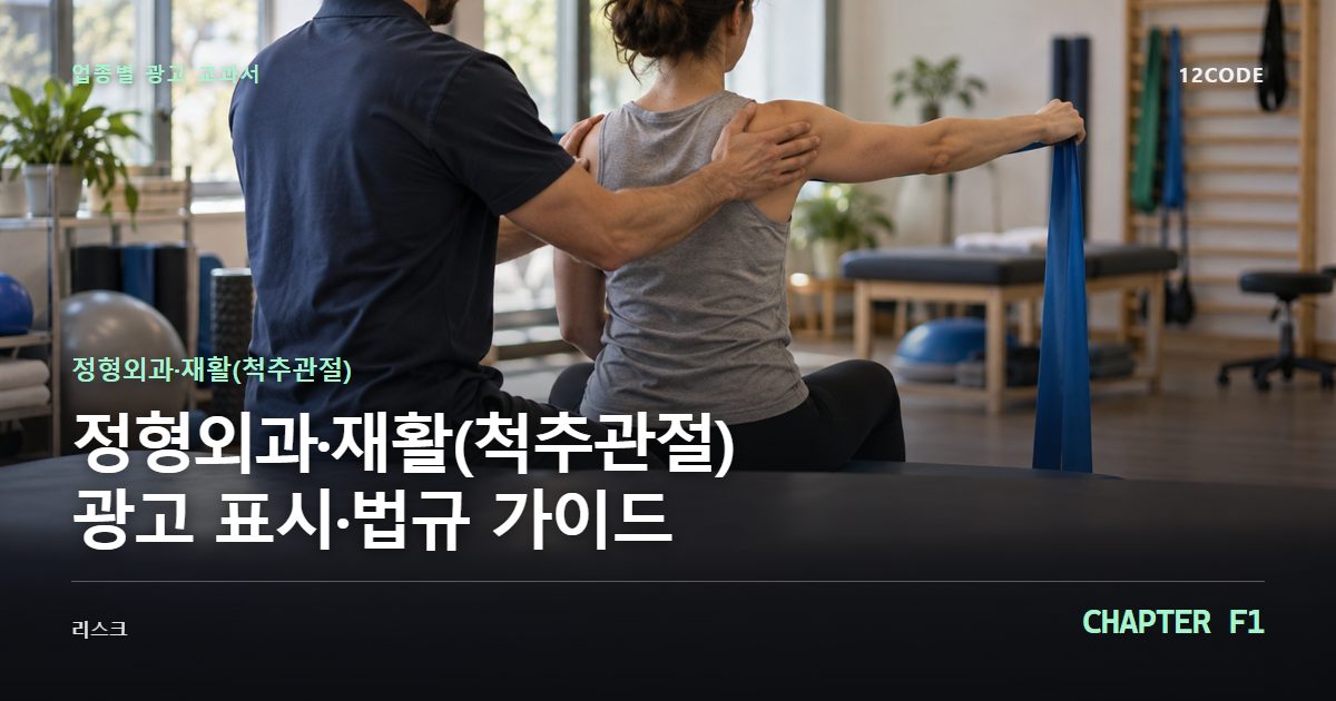 정형외과·재활(척추관절) 업종별 광고 교과서 F1장, 광고 표시·법규 가이드을 안내하는 표지 이미지