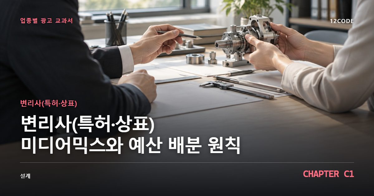 변리사(특허·상표) 업종별 광고 교과서 C1장, 미디어믹스와 예산 배분 원칙을 안내하는 표지 이미지