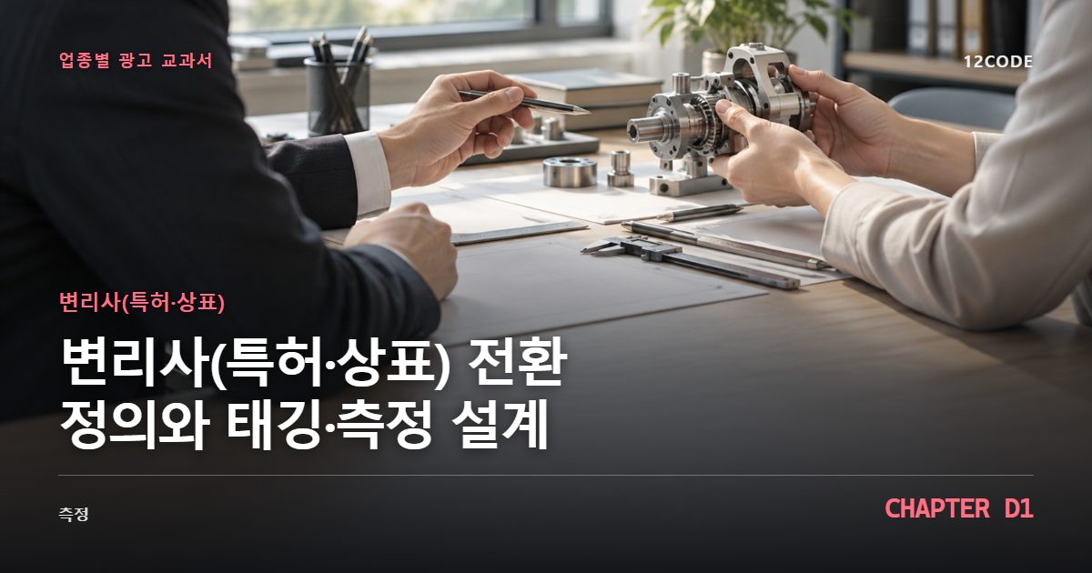 변리사(특허·상표) 업종별 광고 교과서 D1장, 전환 정의와 태깅·측정 설계을 안내하는 표지 이미지