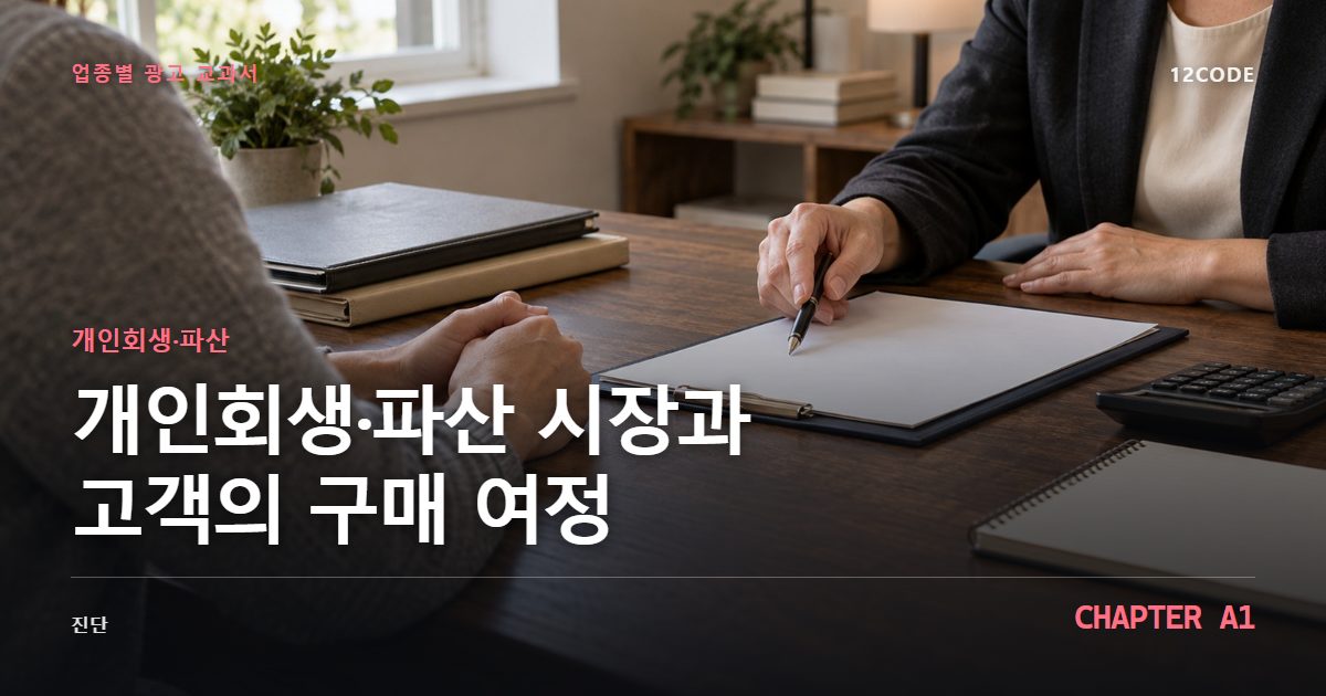 개인회생·파산 업종별 광고 교과서 A1장, 시장과 고객의 구매 여정을 안내하는 표지 이미지