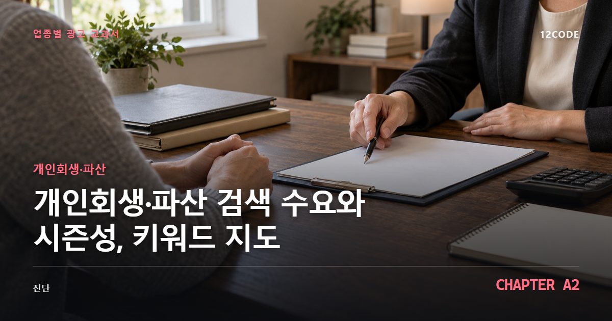 개인회생·파산 업종별 광고 교과서 A2장, 검색 수요와 시즌성, 키워드 지도을 안내하는 표지 이미지